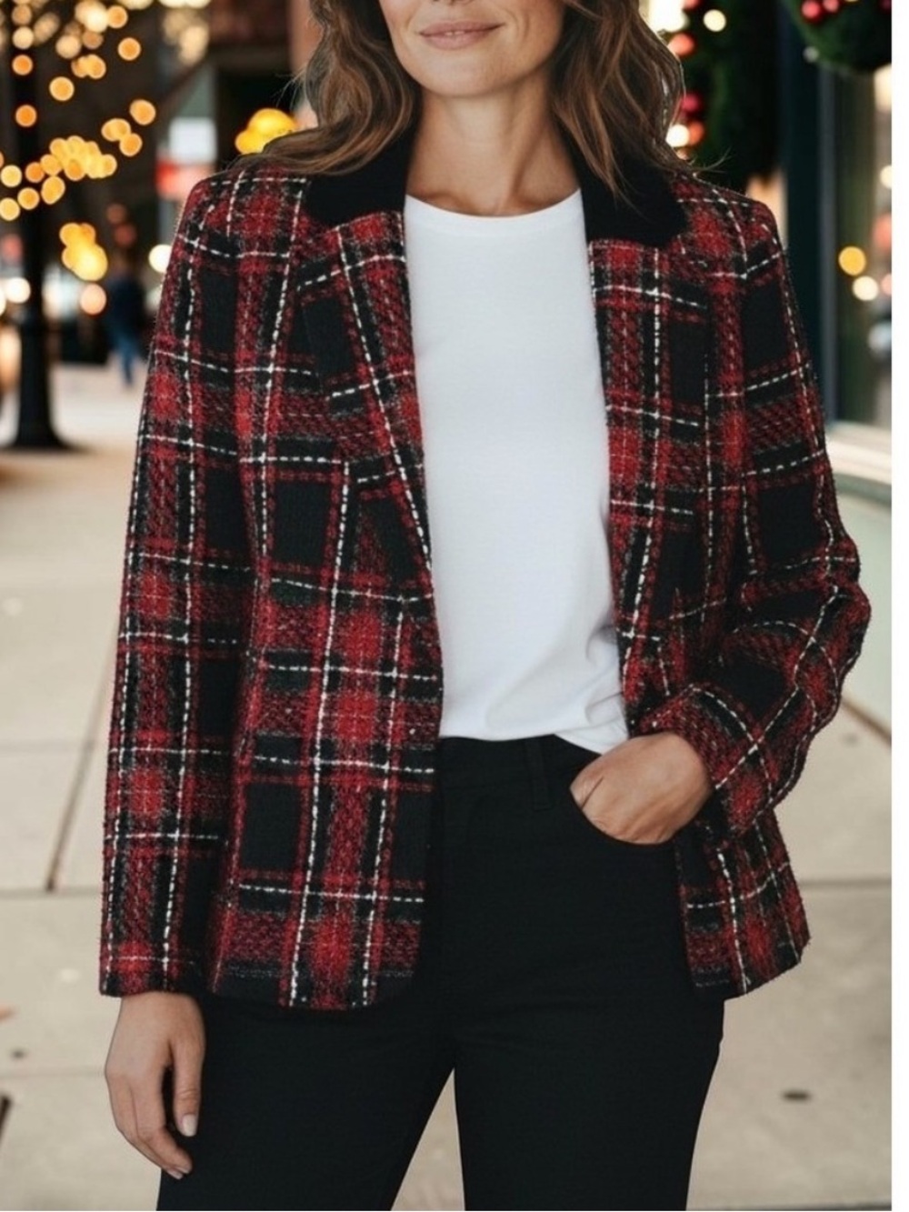 NWT Kasper Red/Black Plaid Tweed Open-Front
Blazer Jacket Velvet Collar Size 18